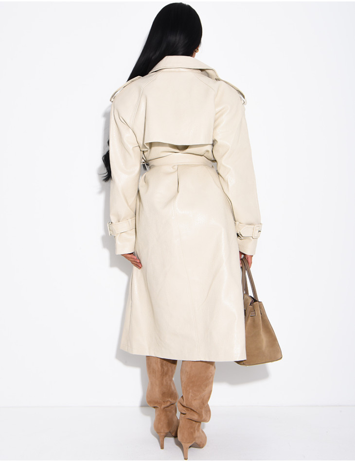 Extra-long faux leather trench coat with crocodile-effect finish and belt
