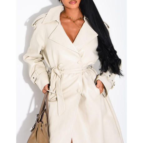 Extra-long faux leather trench coat with crocodile-effect finish and belt