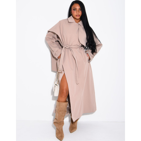 Long, oversized trench coat with a cape and waist belt