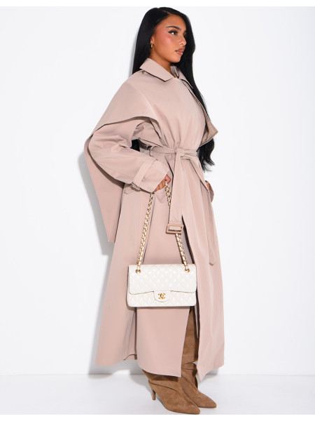 Long, oversized trench coat with a cape and waist belt
