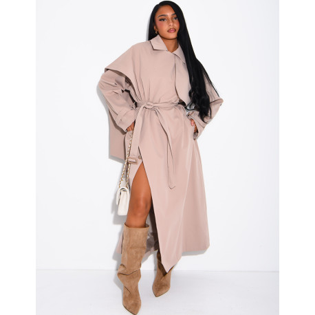 Long, oversized trench coat with a cape and waist belt
