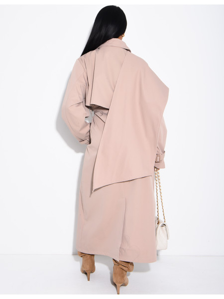 Long, oversized trench coat with a cape and waist belt