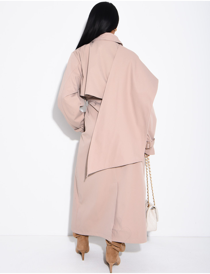 Long, oversized trench coat with a cape and waist belt