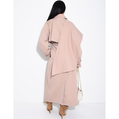 Long, oversized trench coat with a cape and waist belt