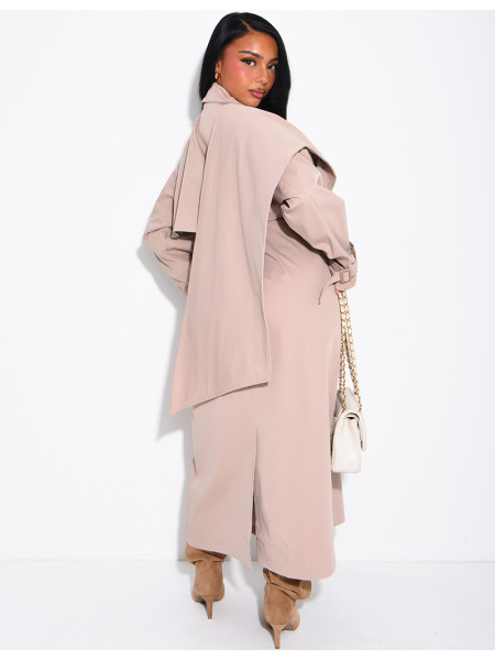 Long, oversized trench coat with a cape and waist belt
