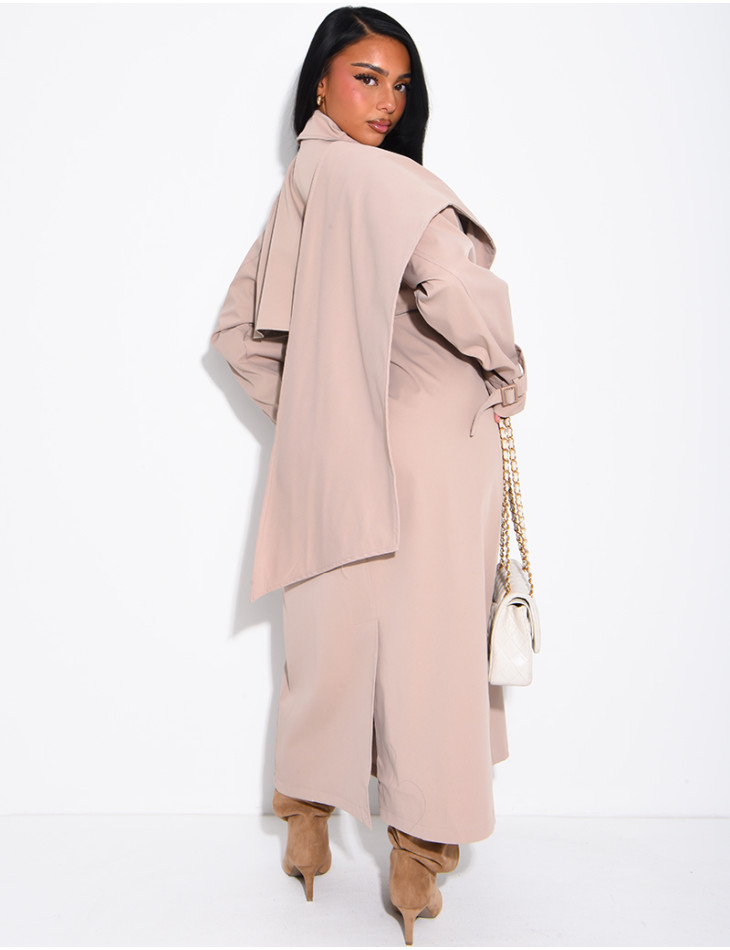 Long, oversized trench coat with a cape and waist belt