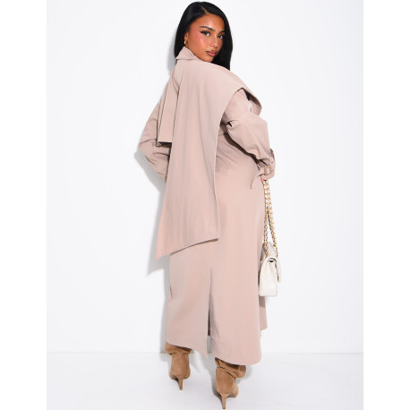 Long, oversized trench coat with a cape and waist belt