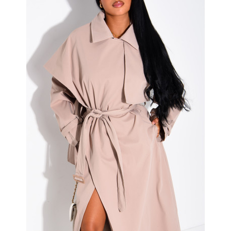 Long, oversized trench coat with a cape and waist belt
