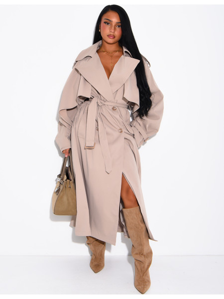 Oversized trench coat with cape-style panels on the sleeves