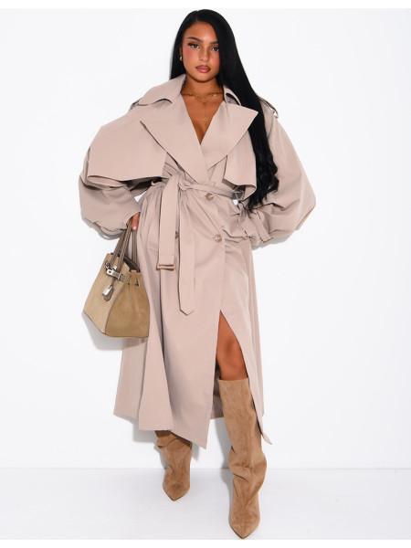 Oversized trench coat with cape-style panels on the sleeves