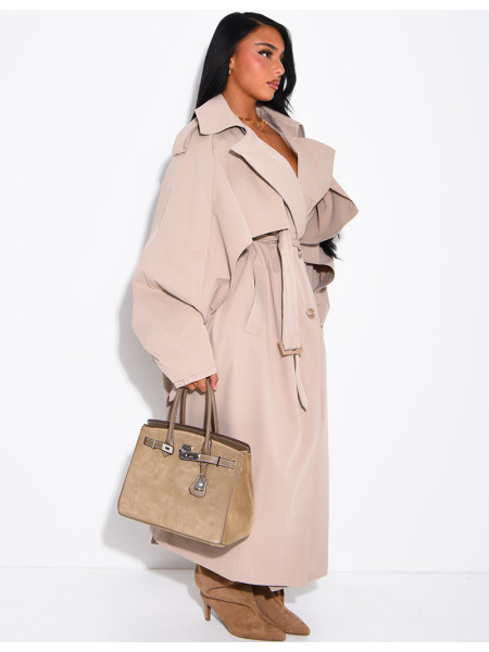 Oversized trench coat with cape-style panels on the sleeves