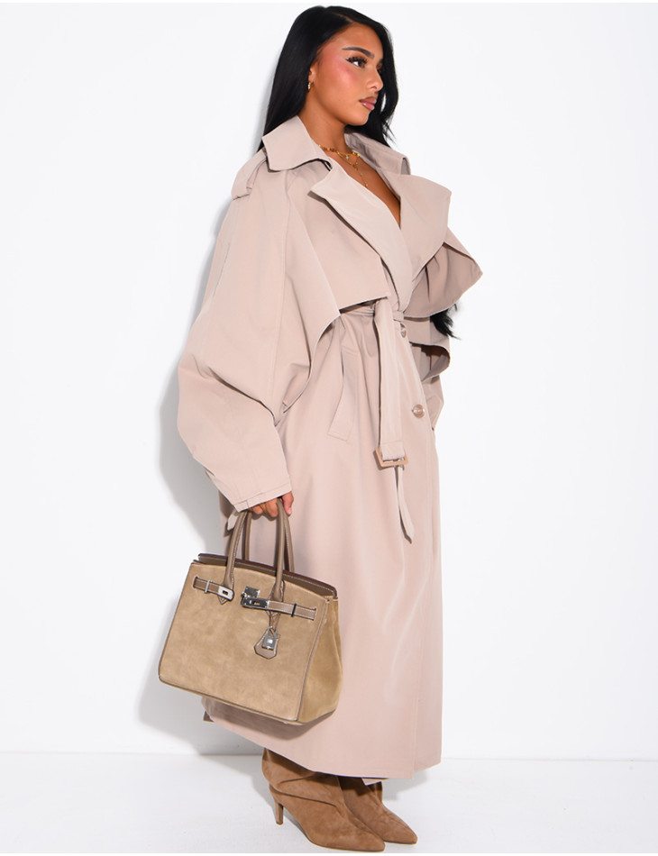 Oversized trench coat with cape-style panels on the sleeves
