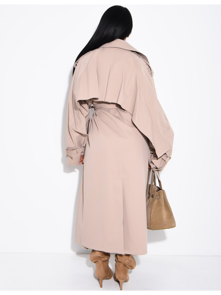 Oversized trench coat with cape-style panels on the sleeves