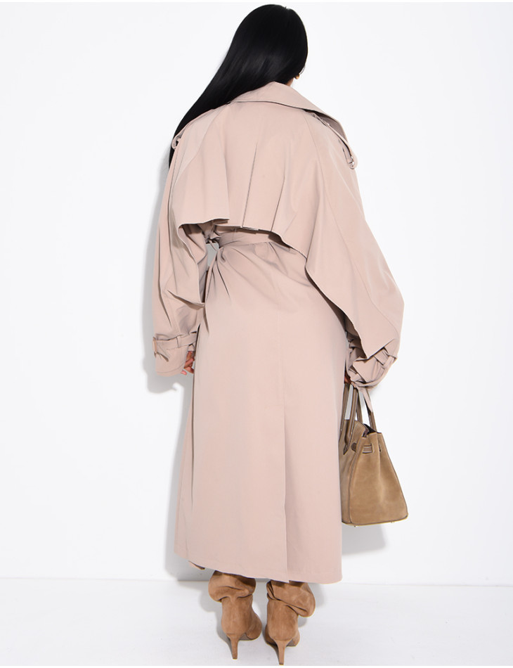 Oversized trench coat with cape-style panels on the sleeves