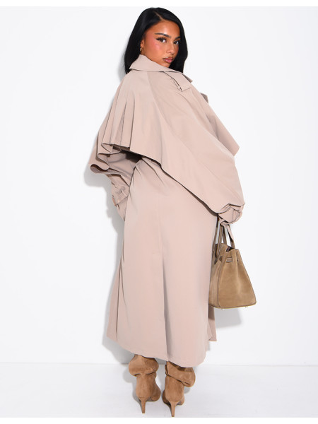Oversized trench coat with cape-style panels on the sleeves