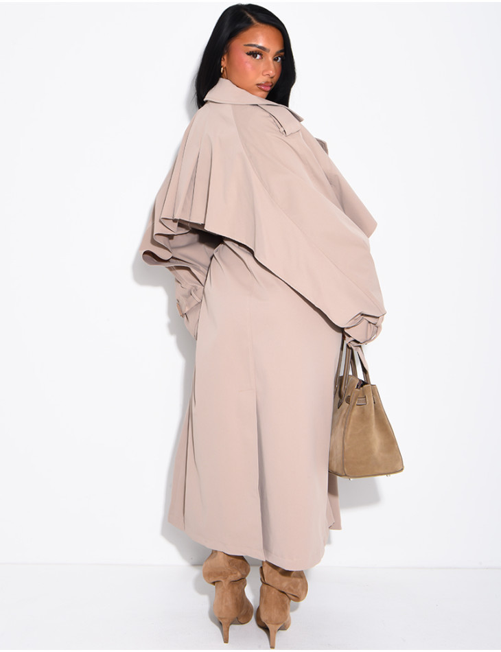 Oversized trench coat with cape-style panels on the sleeves