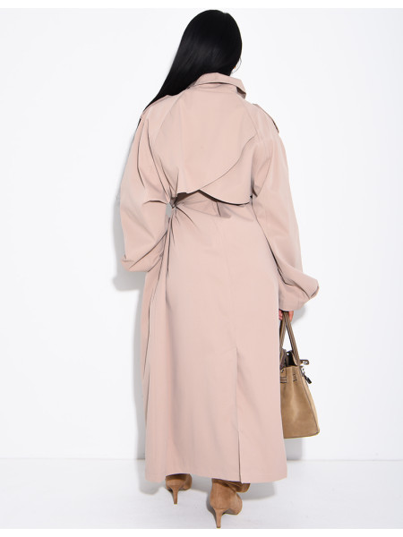 Long, oversized trench coat with a stand-up collar and a belt at the waist