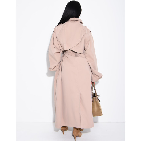 Long, oversized trench coat with a stand-up collar and a belt at the waist