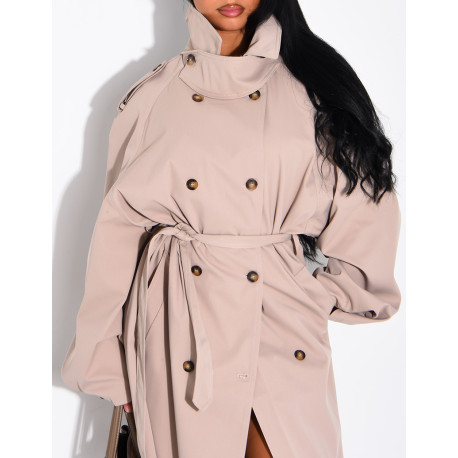 Long, oversized trench coat with a stand-up collar and a belt at the waist