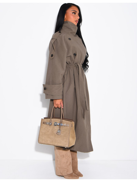 Long, oversized textured trench coat with a belt at the waist
