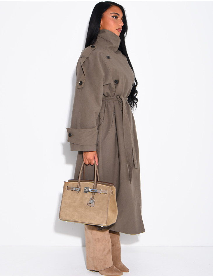 Long, oversized textured trench coat with a belt at the waist