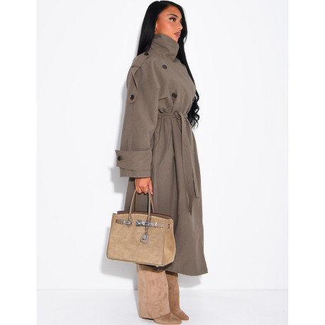 Long, oversized textured trench coat with a belt at the waist