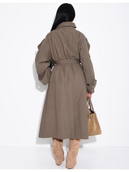 Long, oversized textured trench coat with a belt at the waist