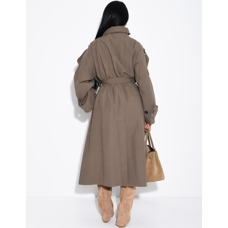 Long, oversized textured trench coat with a belt at the waist