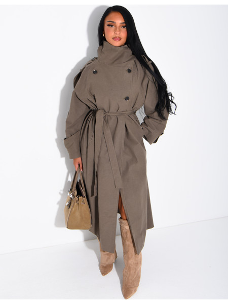 Long, oversized textured trench coat with a belt at the waist
