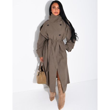 Long, oversized textured trench coat with a belt at the waist