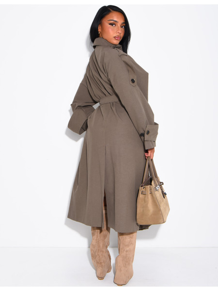 Long, oversized textured trench coat with a belt at the waist