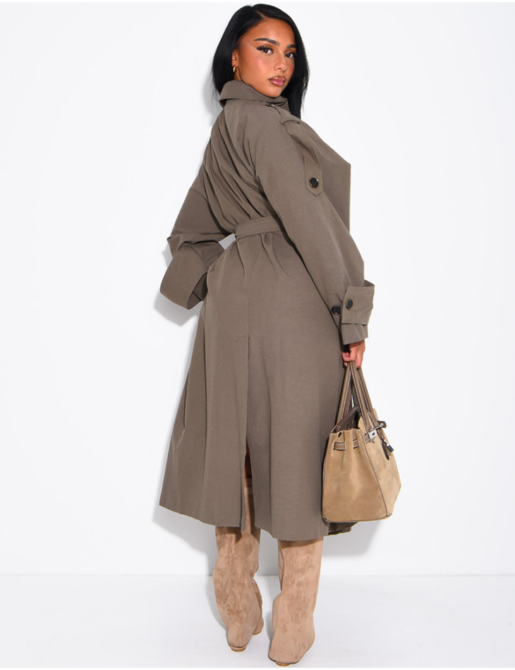 Long, oversized textured trench coat with a belt at the waist