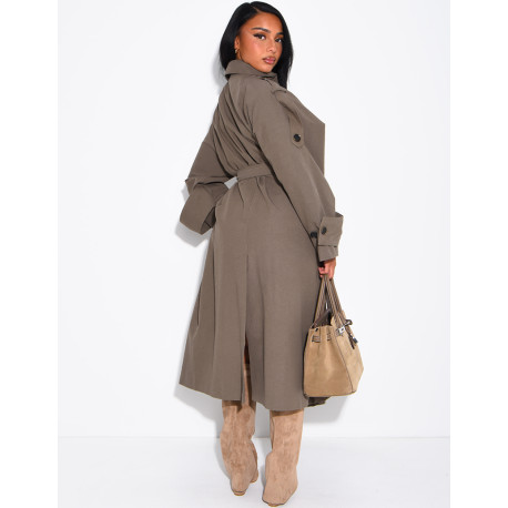 Long, oversized textured trench coat with a belt at the waist