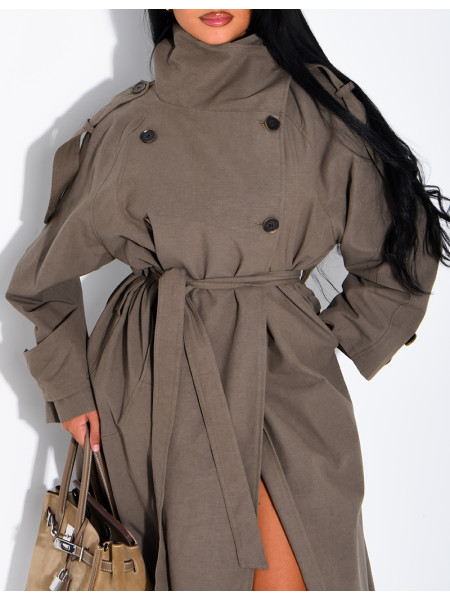 Long, oversized textured trench coat with a belt at the waist