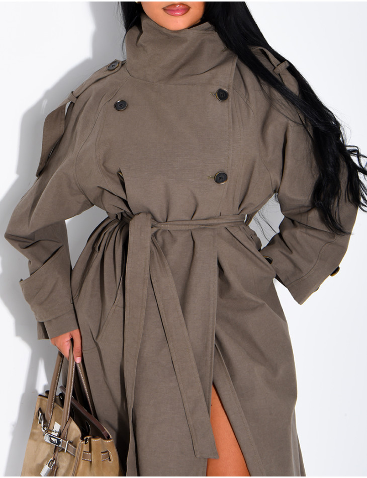 Long, oversized textured trench coat with a belt at the waist