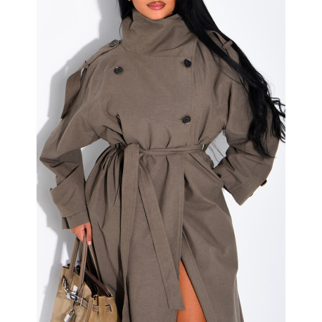 Long, oversized textured trench coat with a belt at the waist