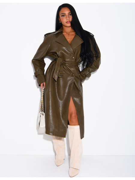 Extra-long faux leather trench coat with crocodile-effect finish and belt