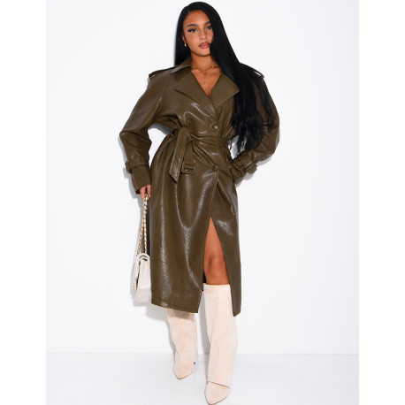 Extra-long faux leather trench coat with crocodile-effect finish and belt