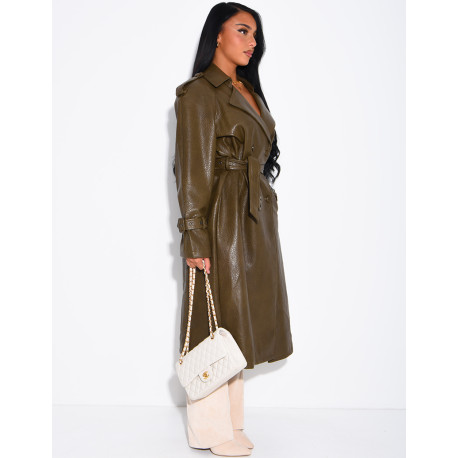Extra-long faux leather trench coat with crocodile-effect finish and belt