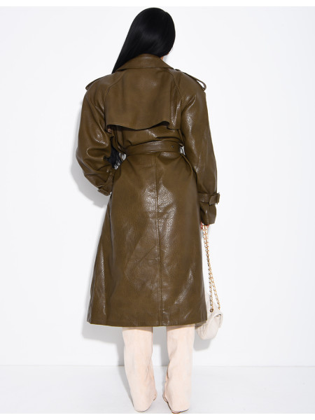 Extra-long faux leather trench coat with crocodile-effect finish and belt