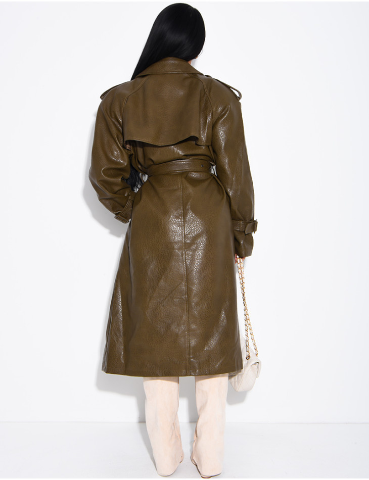 Extra-long faux leather trench coat with crocodile-effect finish and belt