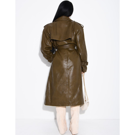 Extra-long faux leather trench coat with crocodile-effect finish and belt