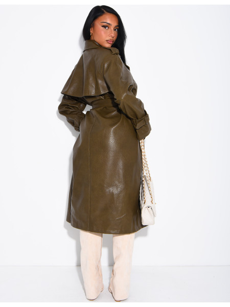 Extra-long faux leather trench coat with crocodile-effect finish and belt