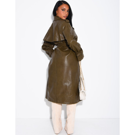 Extra-long faux leather trench coat with crocodile-effect finish and belt
