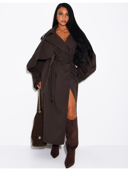 Oversized trench coat with cape-style panels on the sleeves
