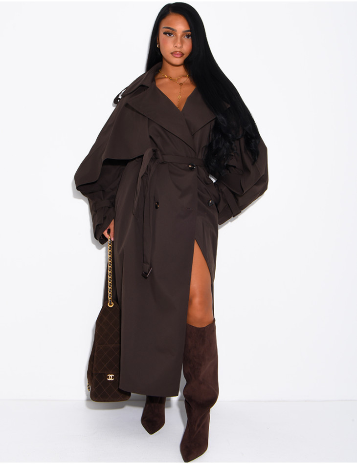 Oversized trench coat with cape-style panels on the sleeves