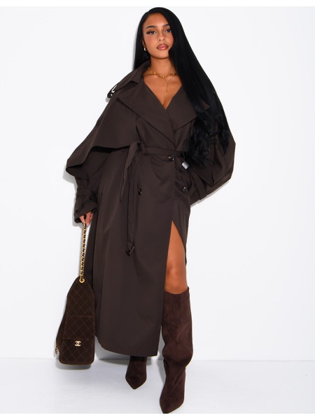 Oversized trench coat with cape-style panels on the sleeves