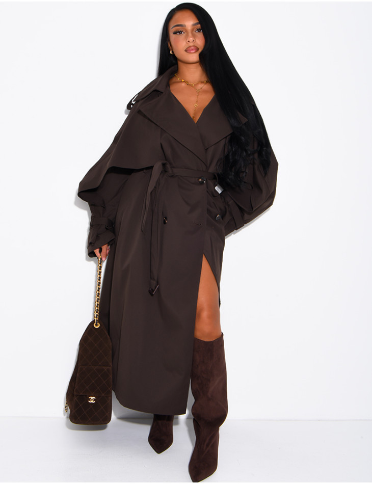 Oversized trench coat with cape-style panels on the sleeves