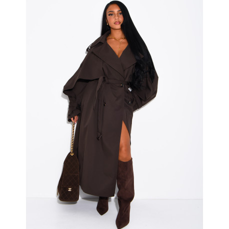 Oversized trench coat with cape-style panels on the sleeves