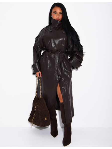 Long, oversized trench coat with a stand-up collar in premium faux leather
